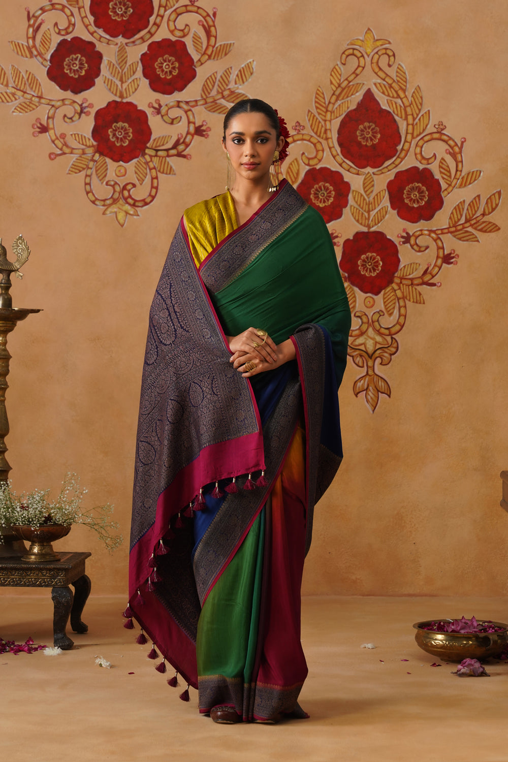 Bottle Green Hand-Dyed Crepe Silk Banarasi Saree
