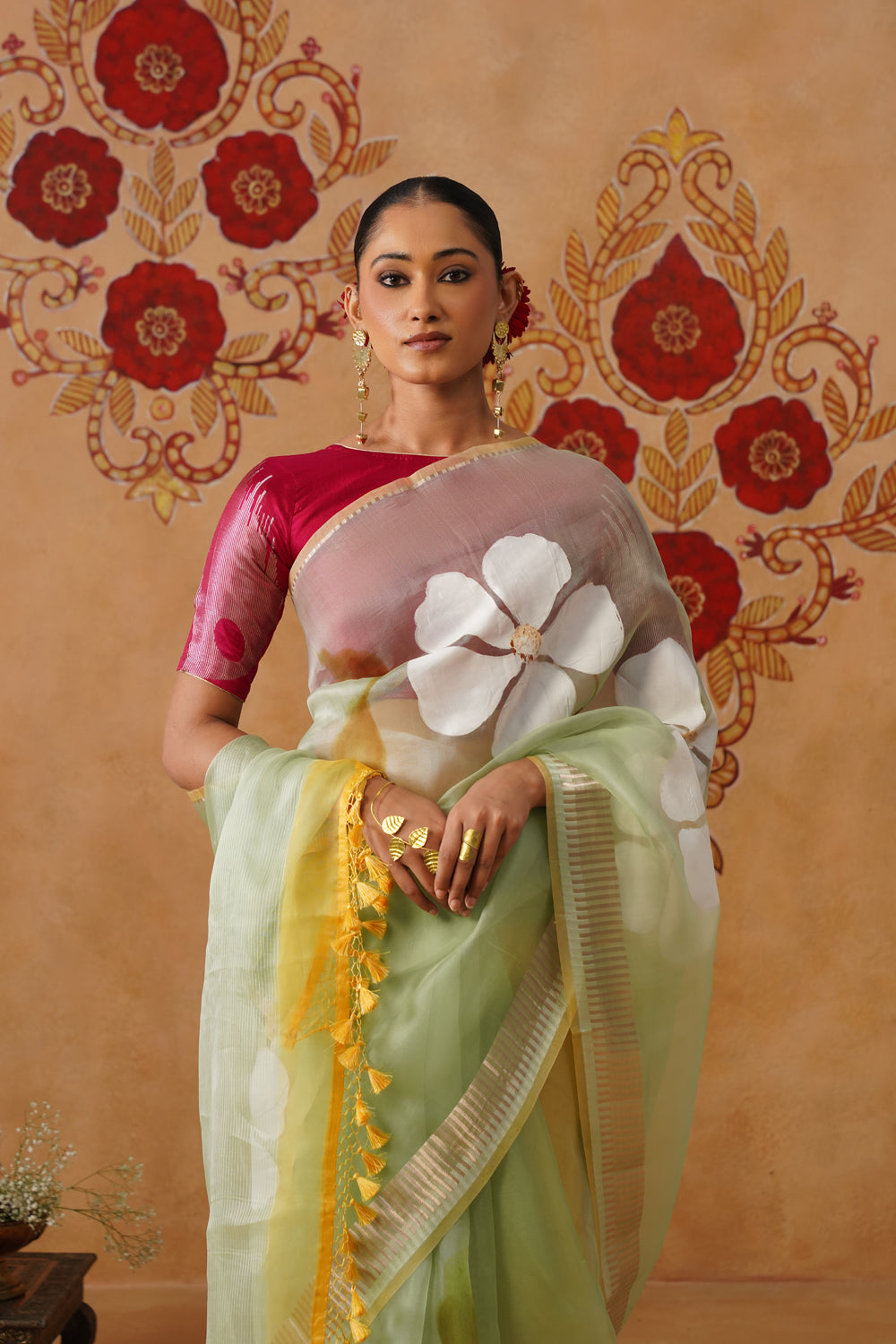Mint Green Floral Painted Organza Saree