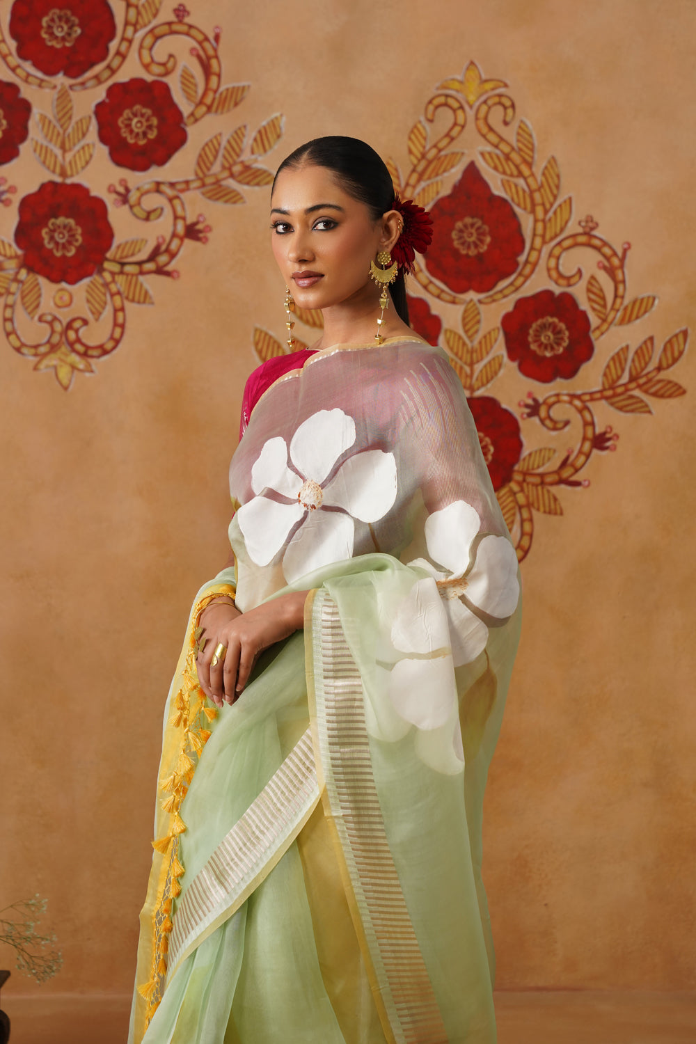 Mint Green Floral Painted Organza Saree