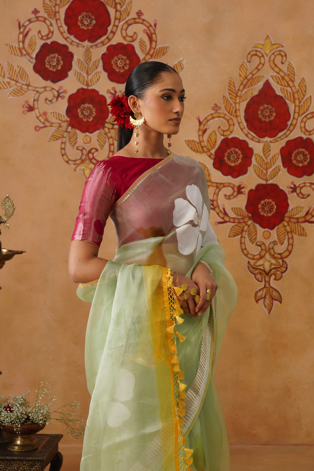 Mint Green Floral Painted Organza Saree