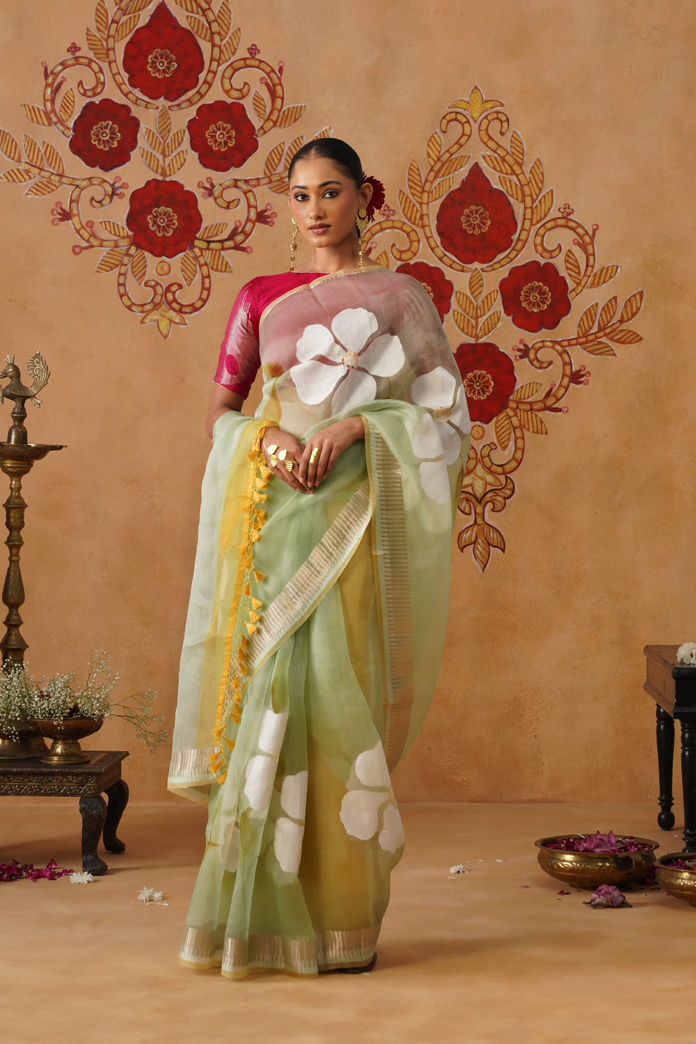 Mint Green Floral Painted Organza Saree