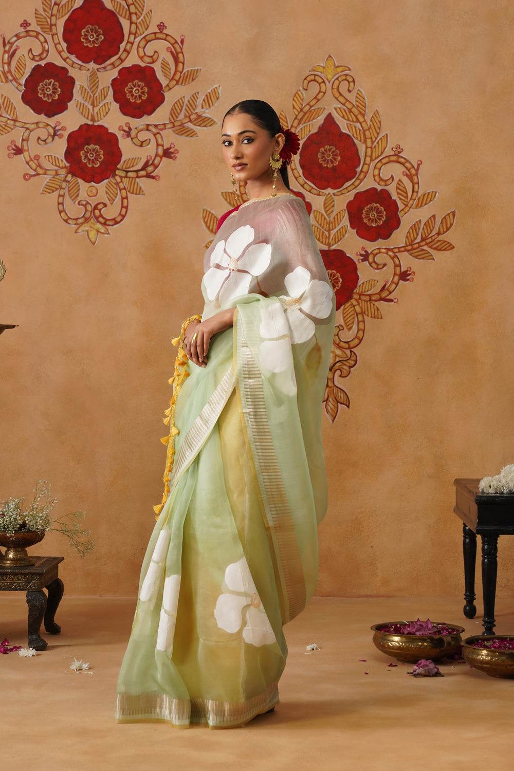 Mint Green Floral Painted Organza Saree