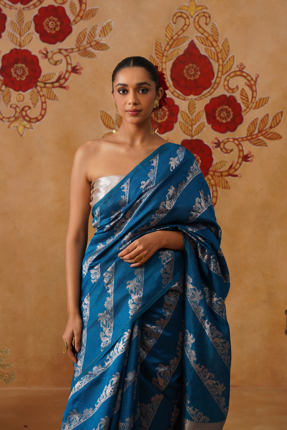Deep Blue Green Shikargah Katan Silk Saree