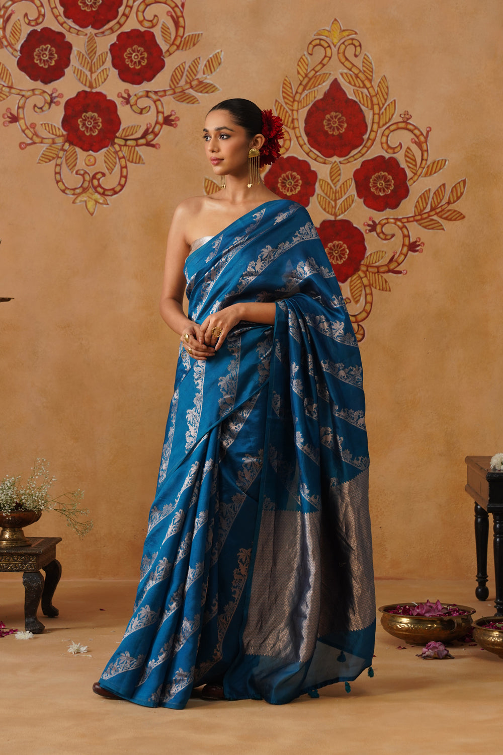 Deep Blue Green Shikargah Katan Silk Saree