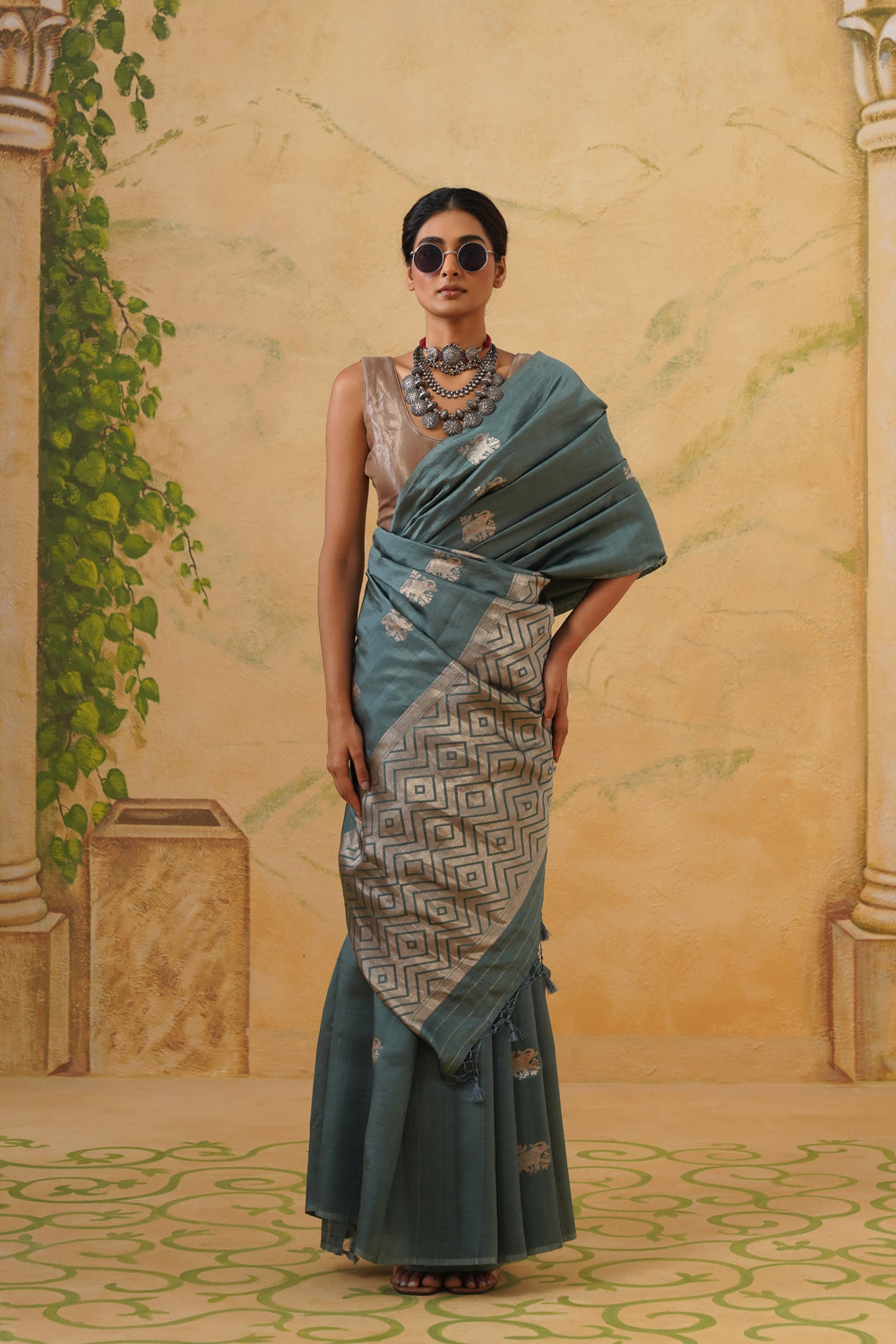Handwoven Slate-Teal Katan Silk Saree with Kadwa Elephant Motifs