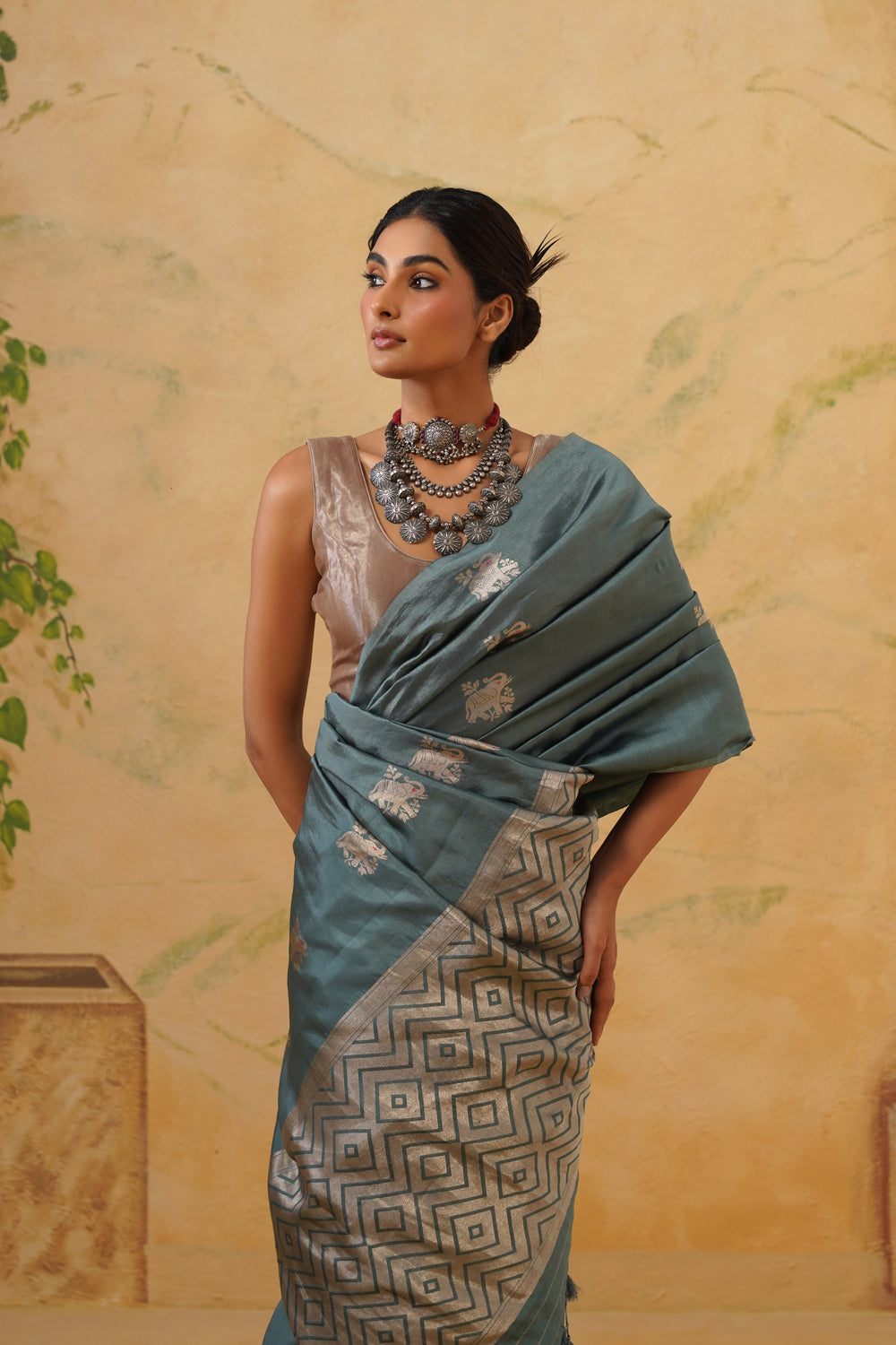 Handwoven Slate-Teal Katan Silk Saree with Kadwa Elephant Motifs