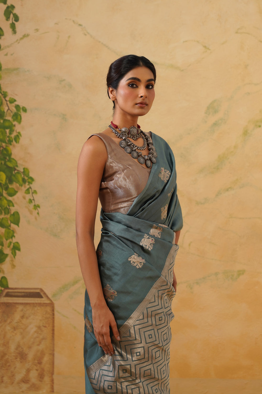 Handwoven Slate-Teal Katan Silk Saree with Kadwa Elephant Motifs