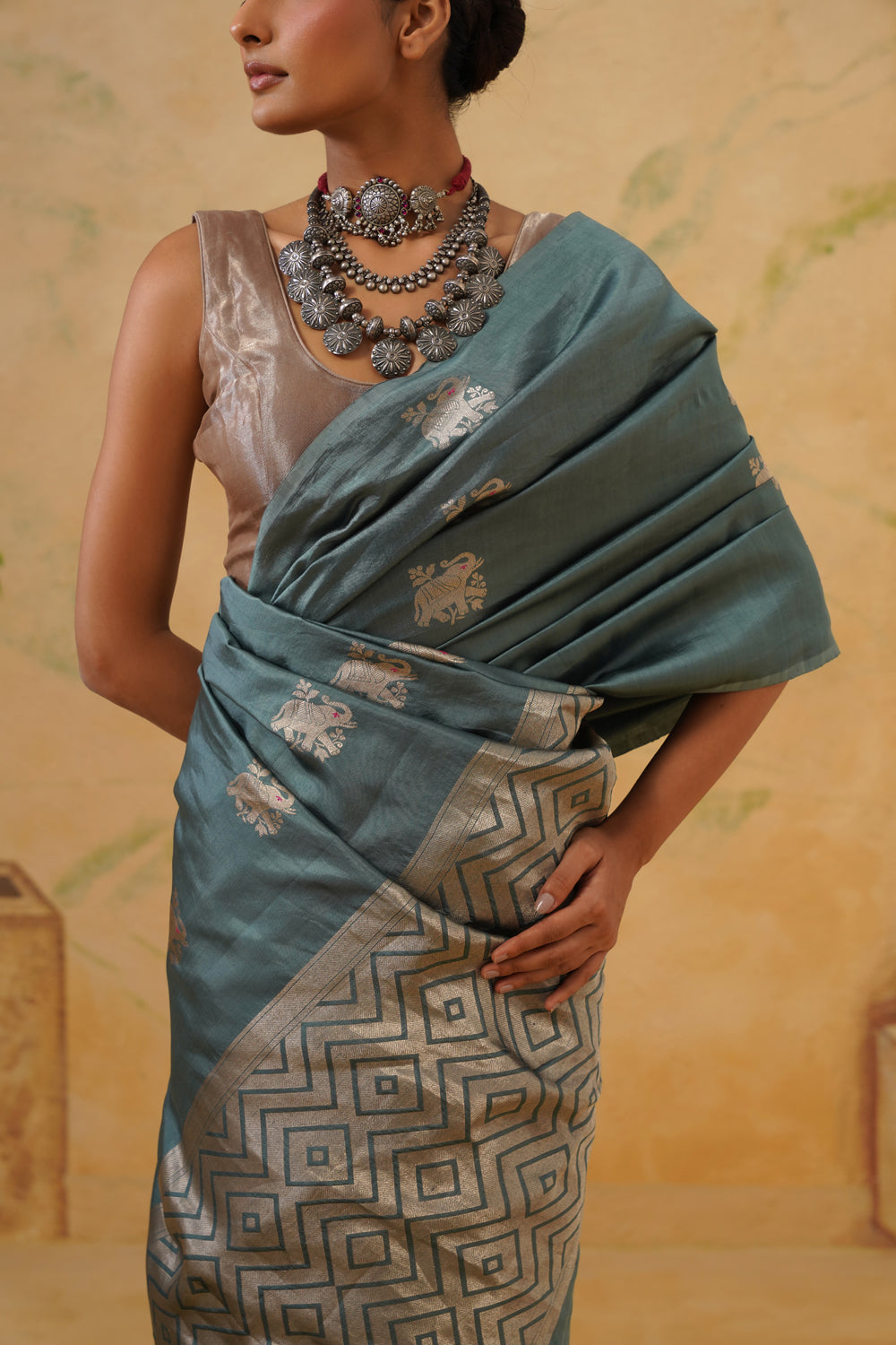 Handwoven Slate-Teal Katan Silk Saree with Kadwa Elephant Motifs