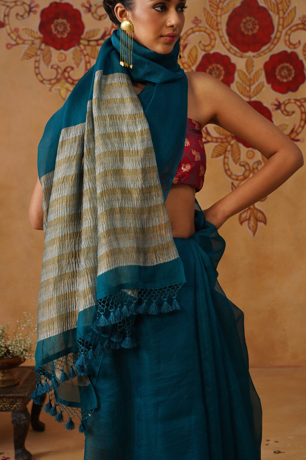 Deep Blue-Green Tissue Striped Kora Organza Saree