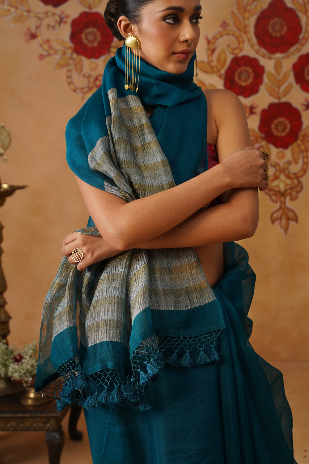 Deep Blue-Green Tissue Striped Kora Organza Saree