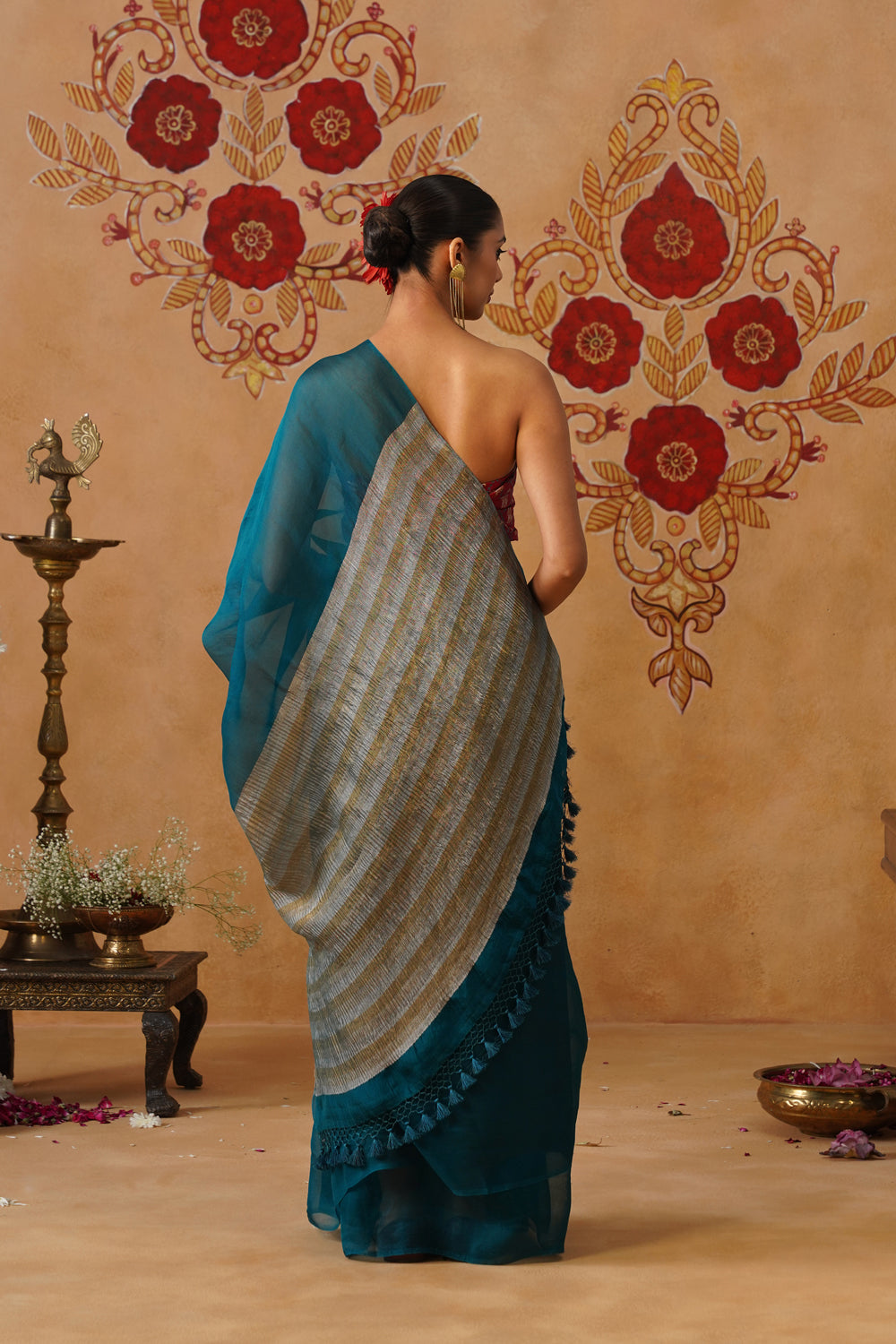Deep Blue-Green Tissue Striped Kora Organza Saree