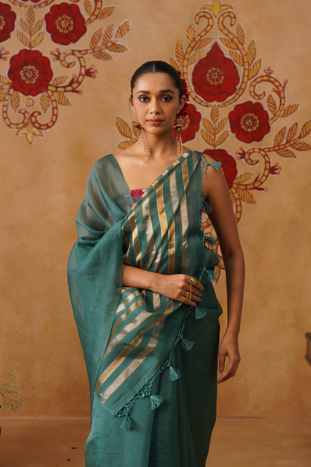 Teal Blue Tissue Striped Kora Organza Saree