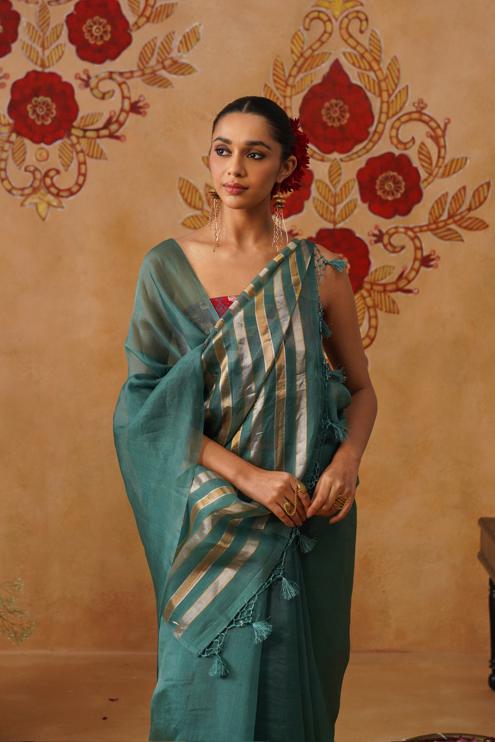 Teal Blue Tissue Striped Kora Organza Saree