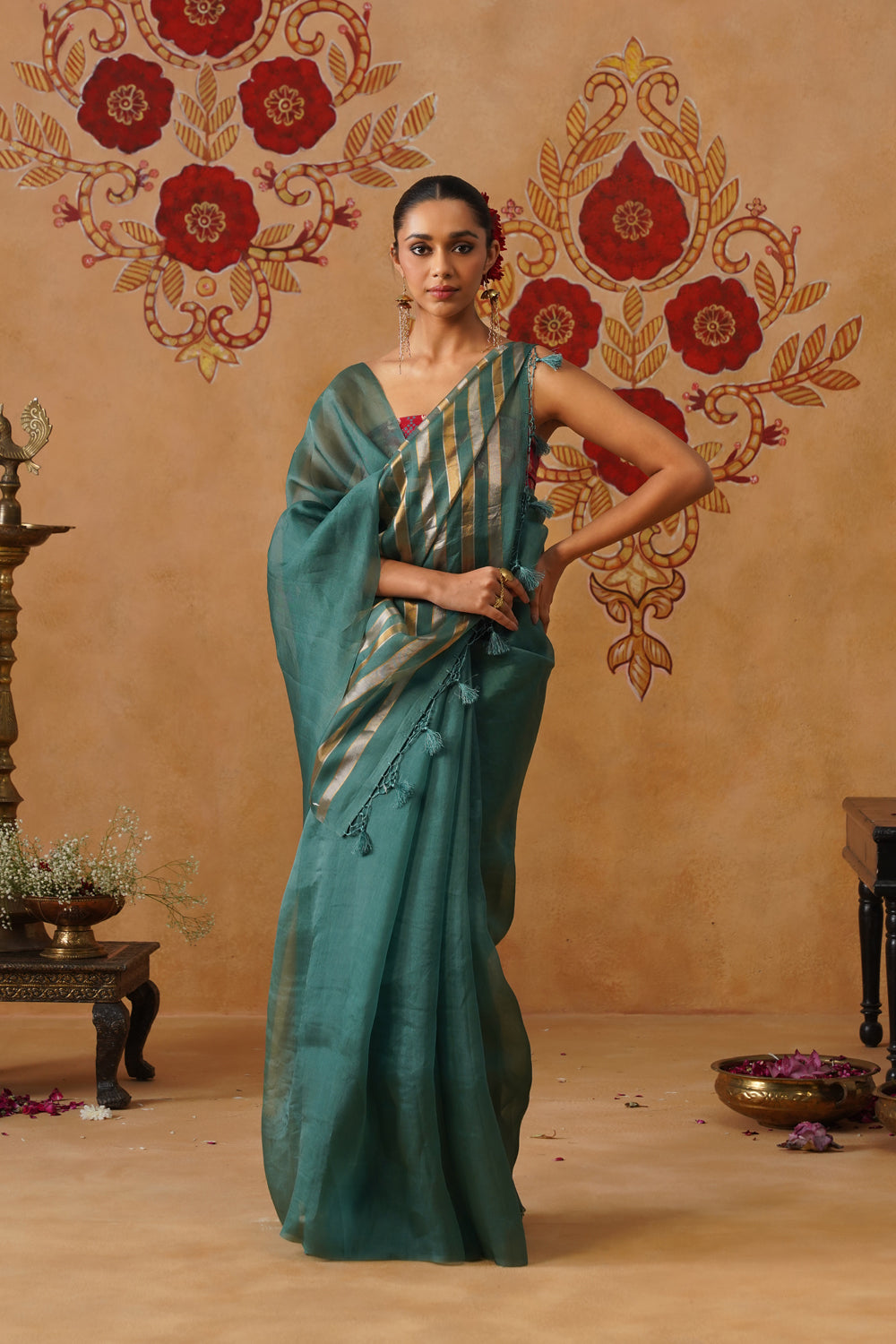 Teal Blue Tissue Striped Kora Organza Saree