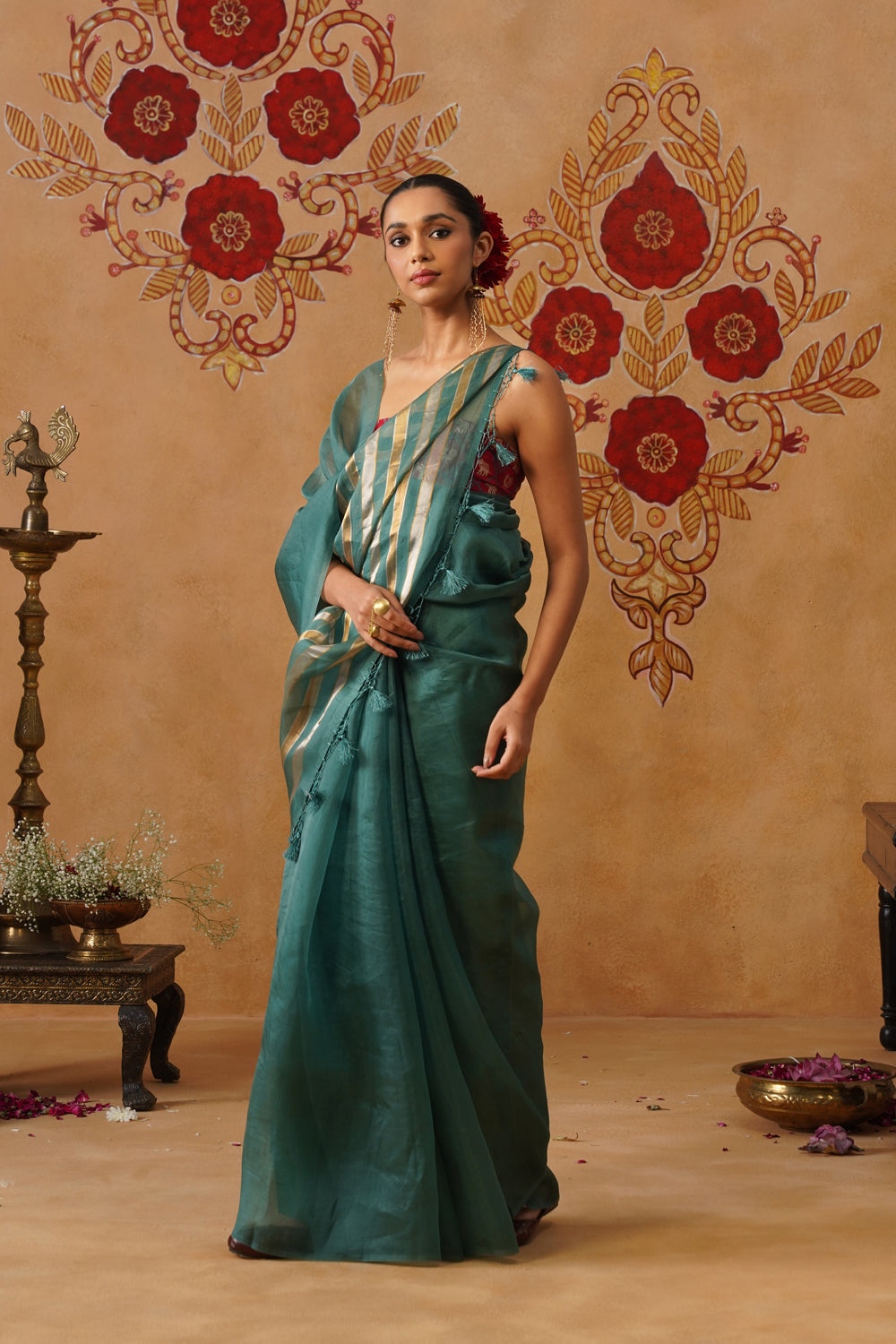 Teal Blue Tissue Striped Kora Organza Saree