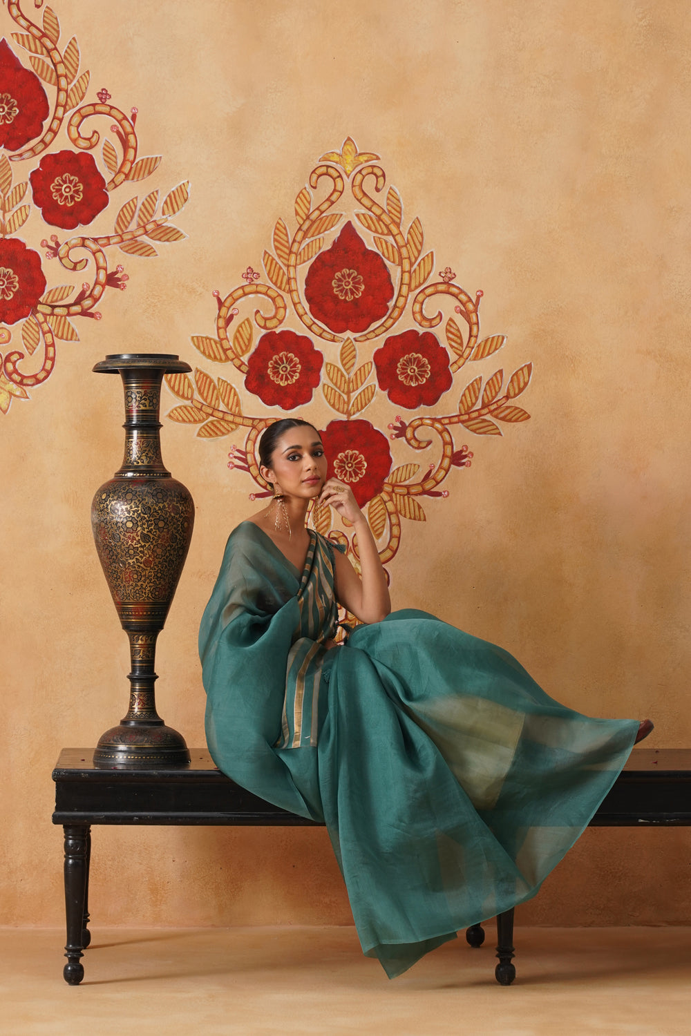 Teal Blue Tissue Striped Kora Organza Saree