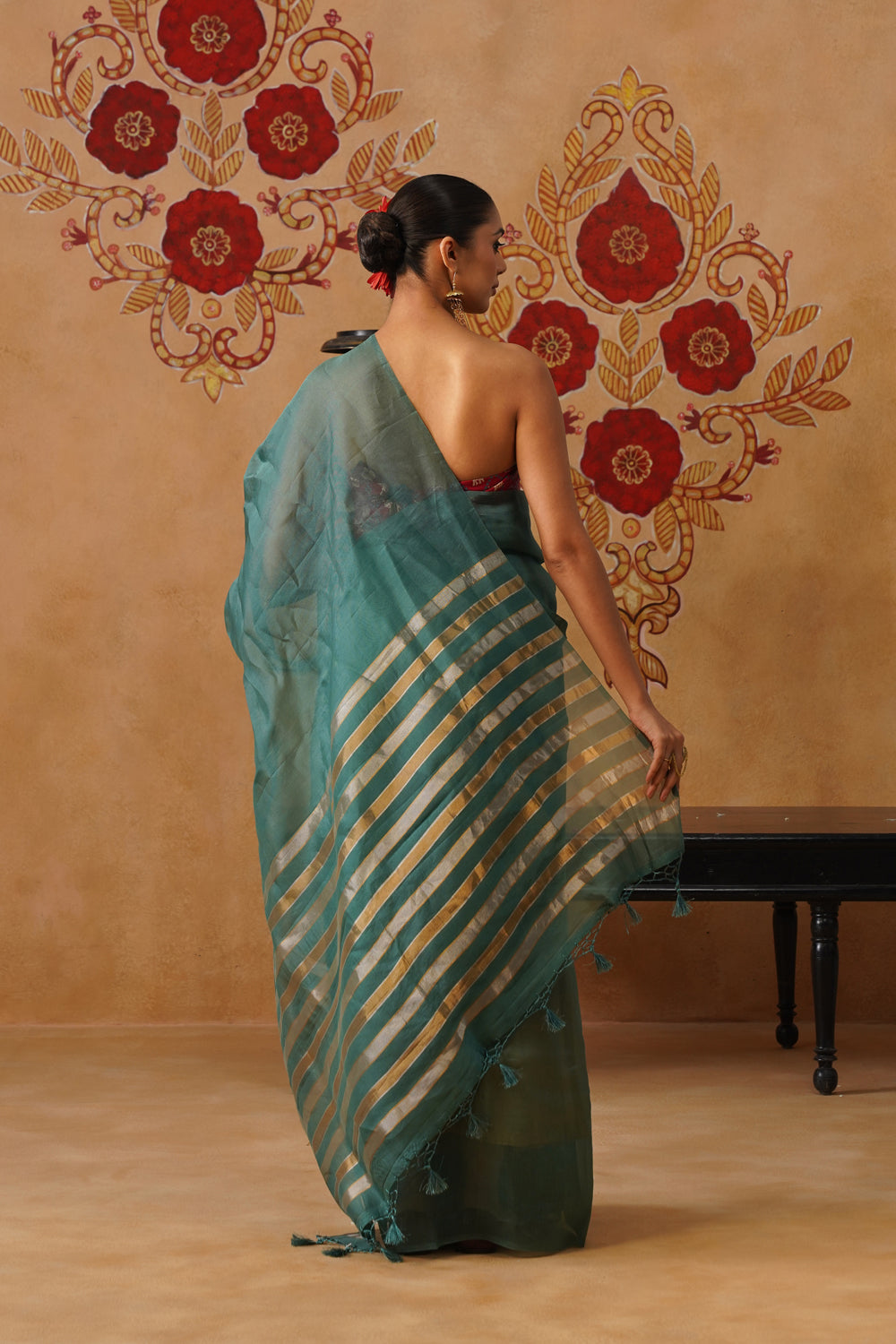 Teal Blue Tissue Striped Kora Organza Saree