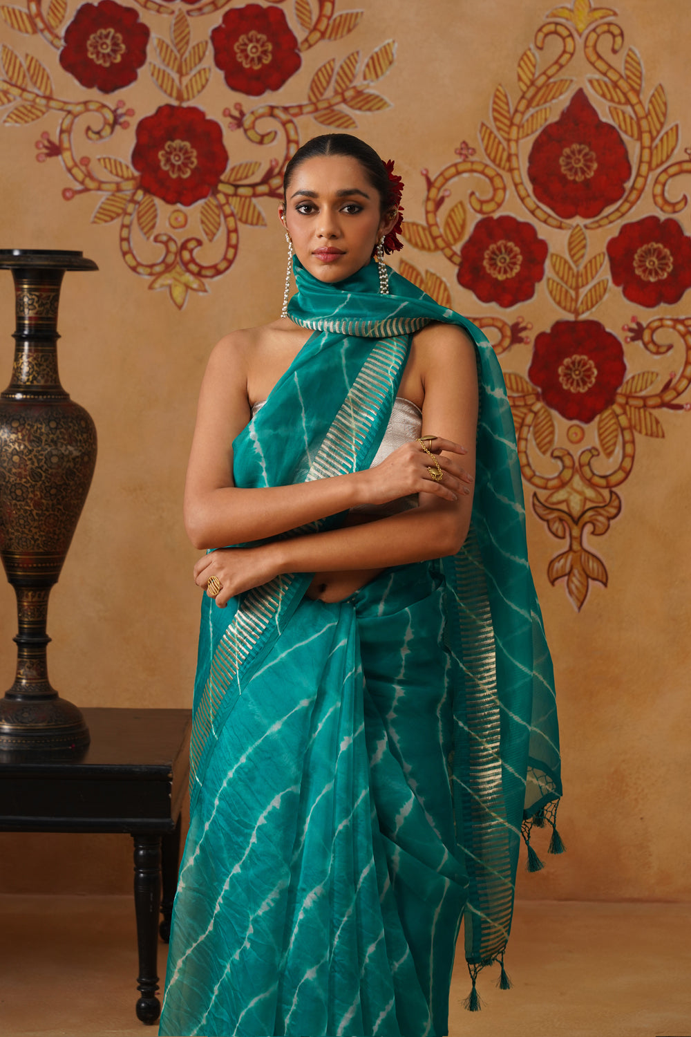 Turquoise Leheriya Kora Organza Saree