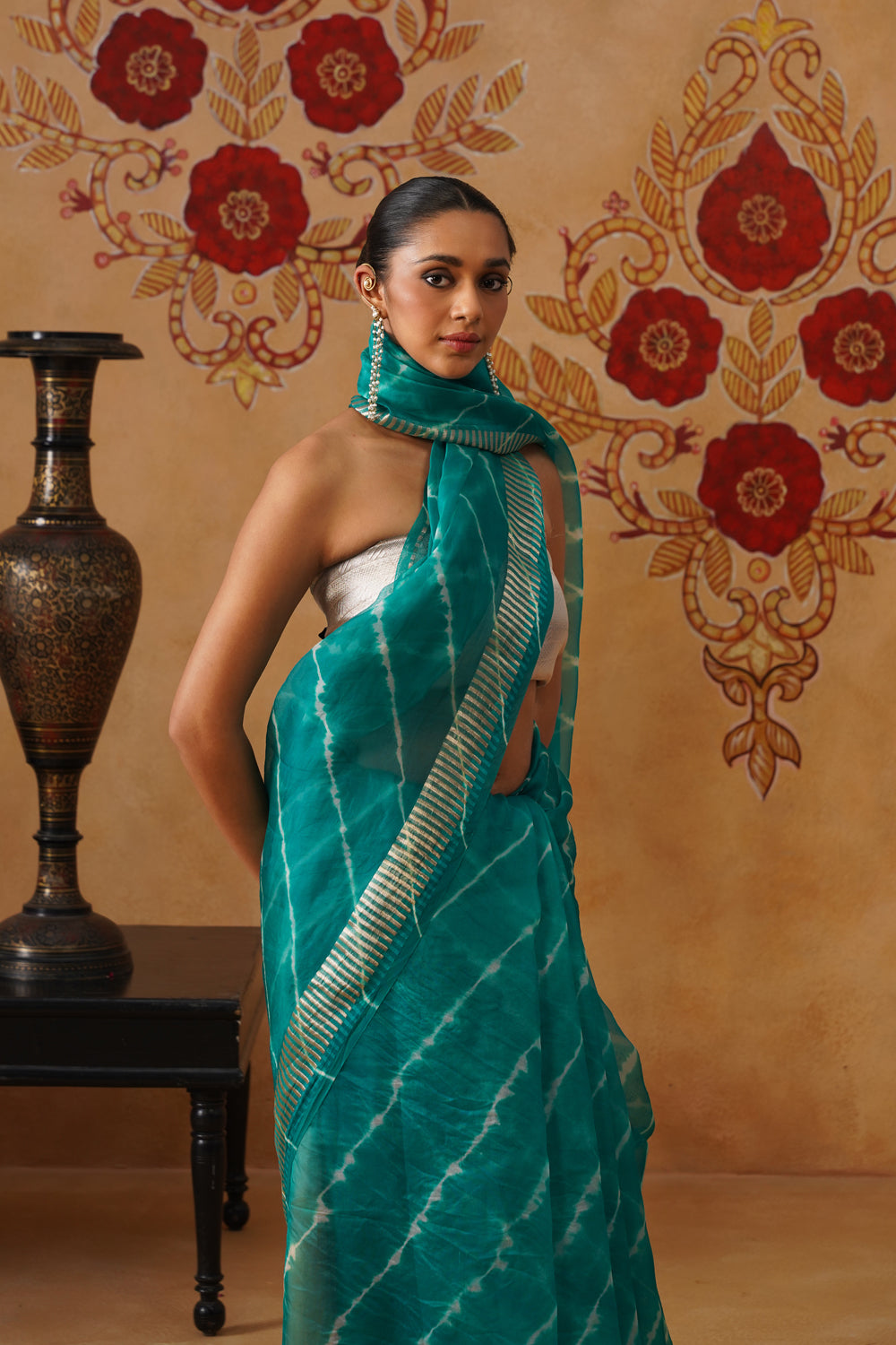 Turquoise Leheriya Kora Organza Saree
