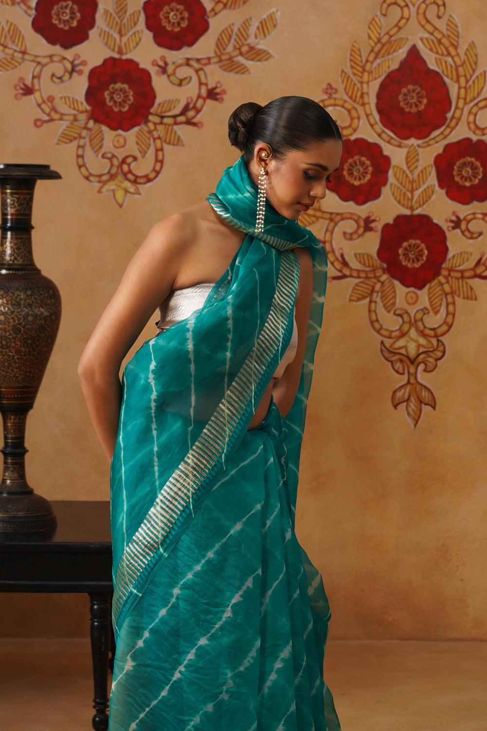 Turquoise Leheriya Kora Organza Saree