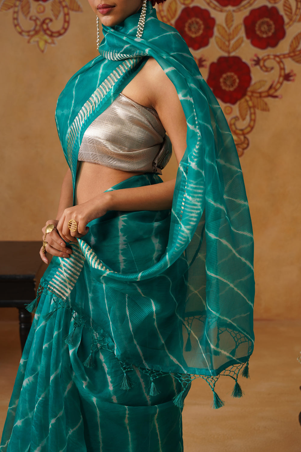 Turquoise Leheriya Kora Organza Saree