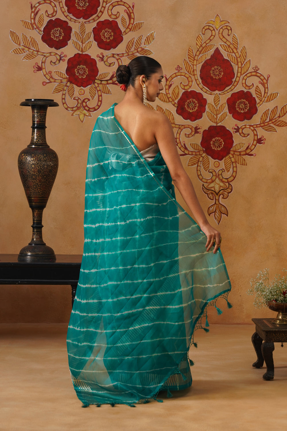 Turquoise Leheriya Kora Organza Saree