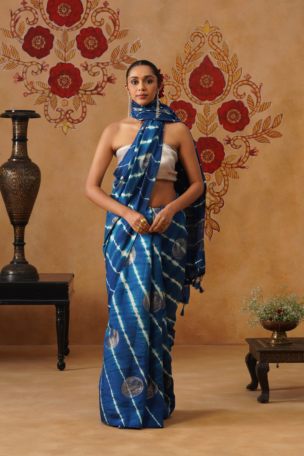 Ocean Blue Leheriya Silk Saree