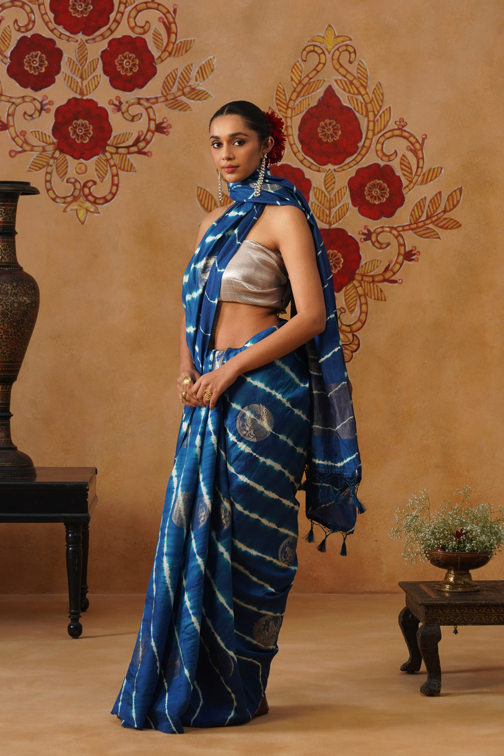 Ocean Blue Leheriya Silk Saree
