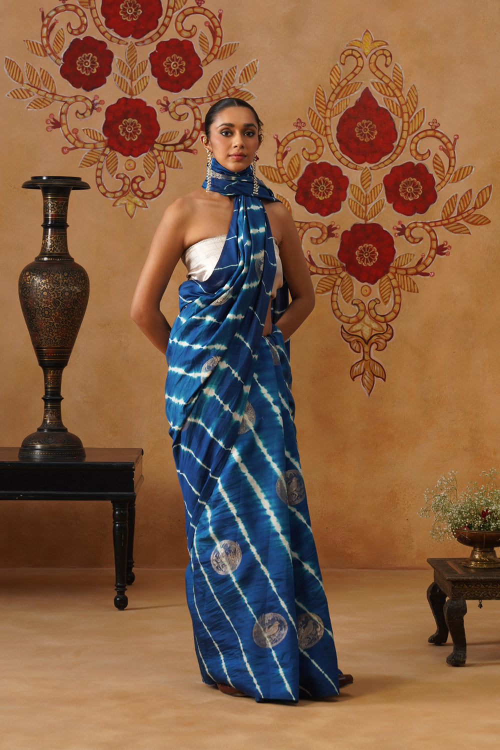 Ocean Blue Leheriya Silk Saree