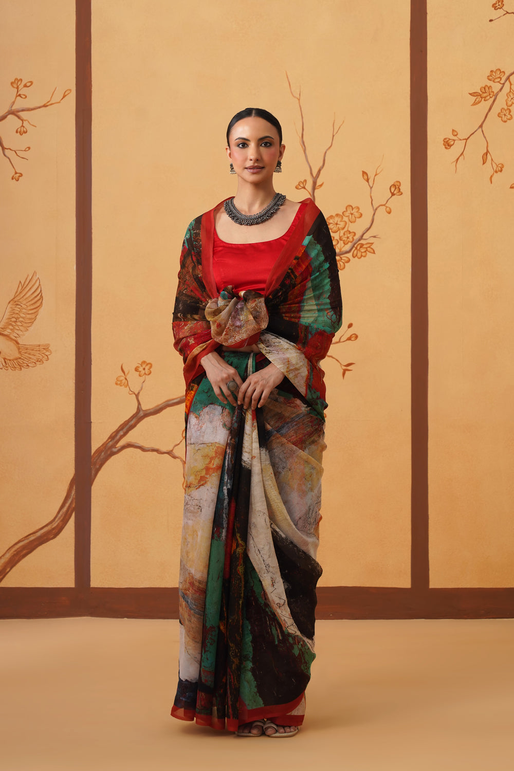 Hand-Inspired Emerald Chiffon Saree with Botanical All-Over Print