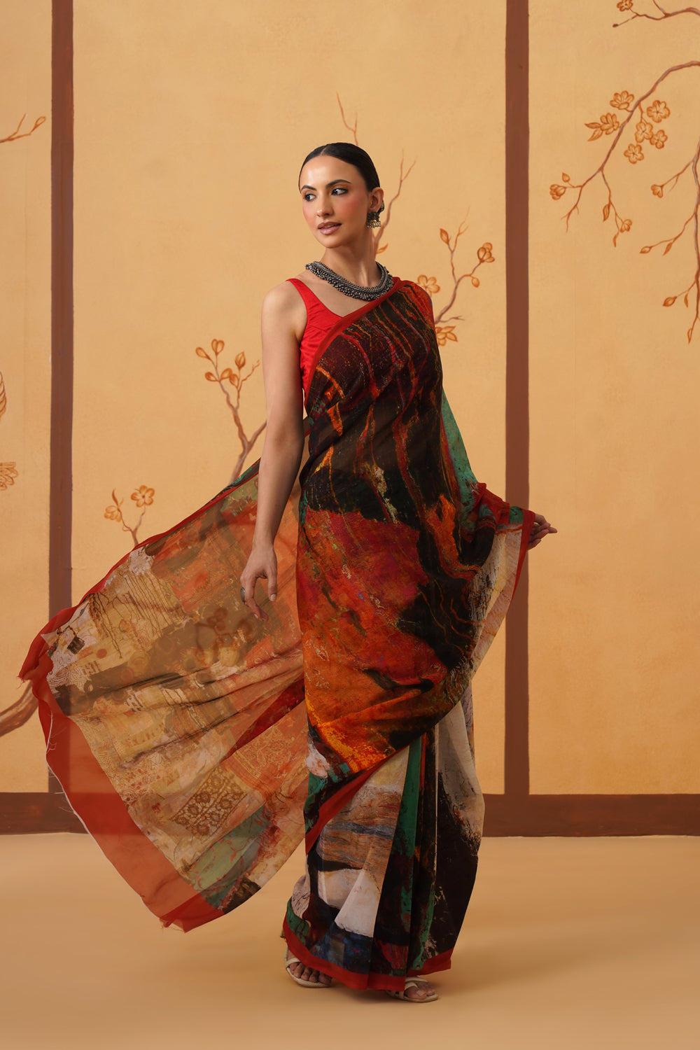 Hand-Inspired Emerald Chiffon Saree with Botanical All-Over Print