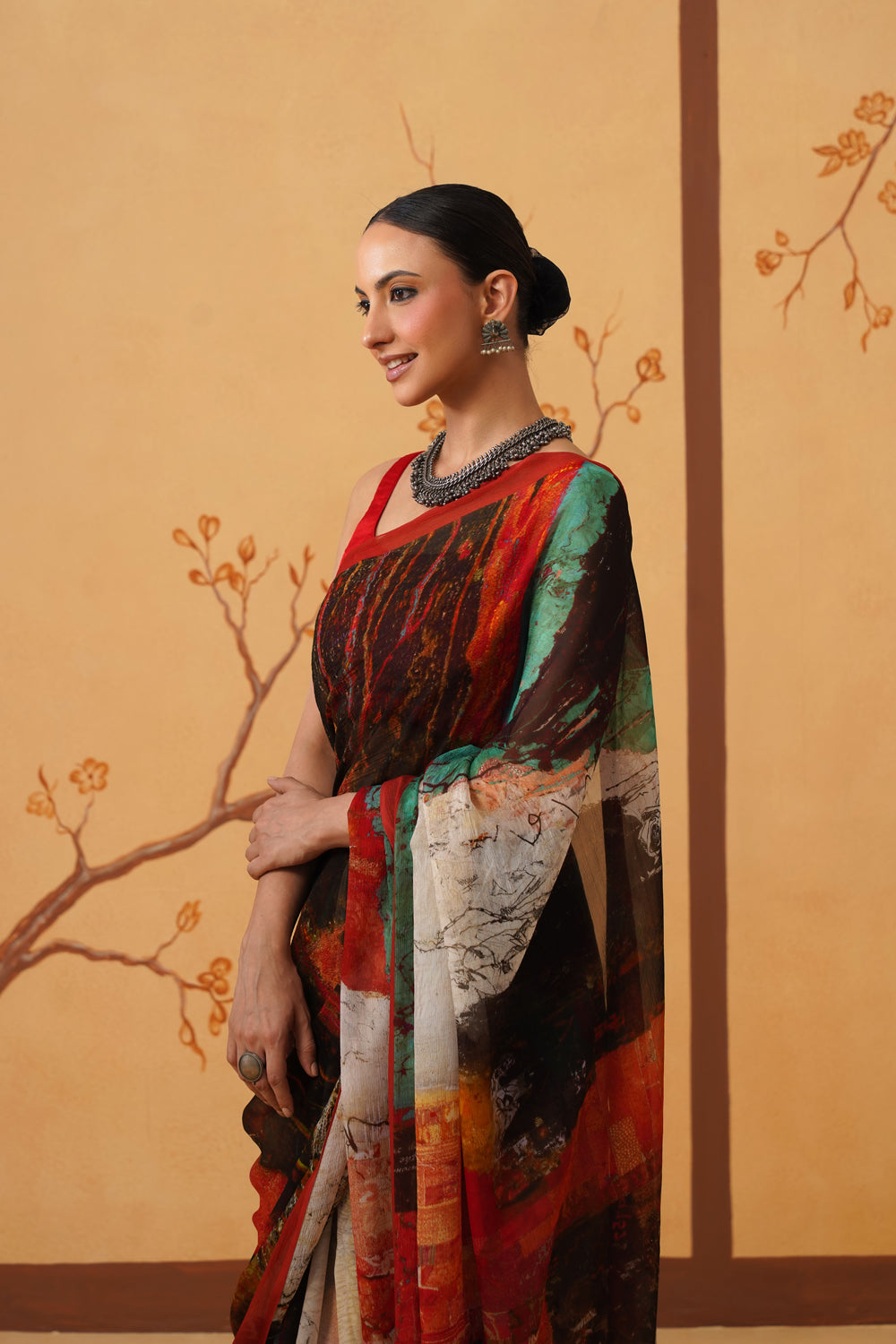 Hand-Inspired Emerald Chiffon Saree with Botanical All-Over Print