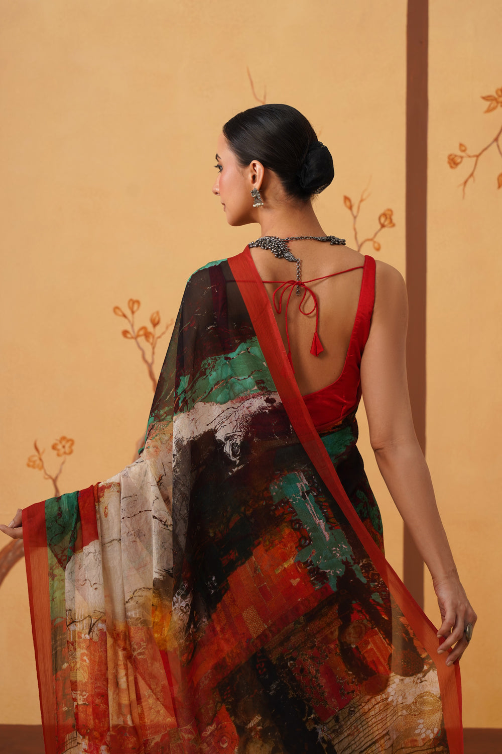 Hand-Inspired Emerald Chiffon Saree with Botanical All-Over Print
