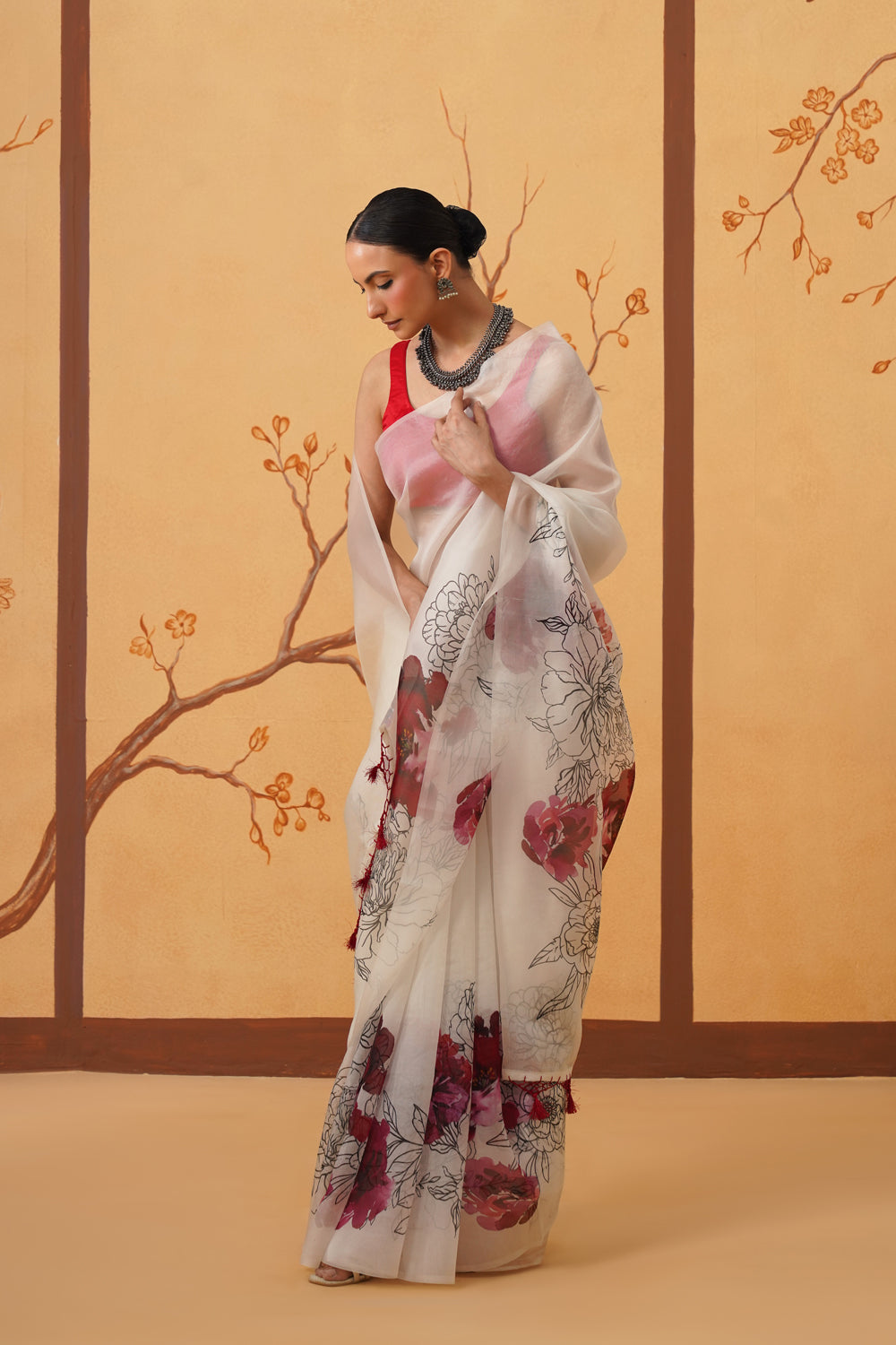 Crimson Bloom: Kora Organza Saree with Floral Art