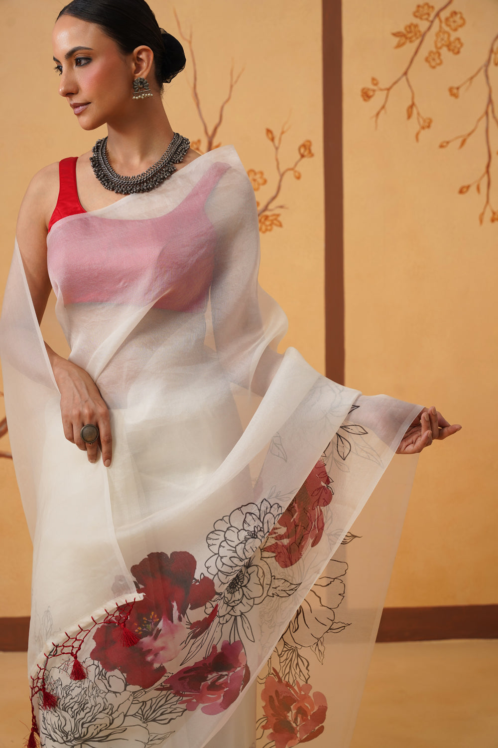 Crimson Bloom: Kora Organza Saree with Floral Art