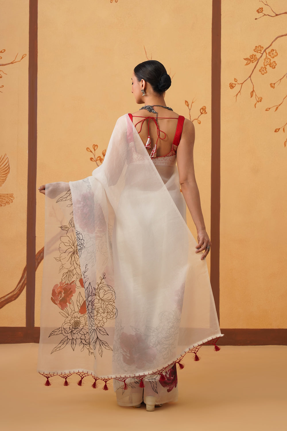 Crimson Bloom: Kora Organza Saree with Floral Art