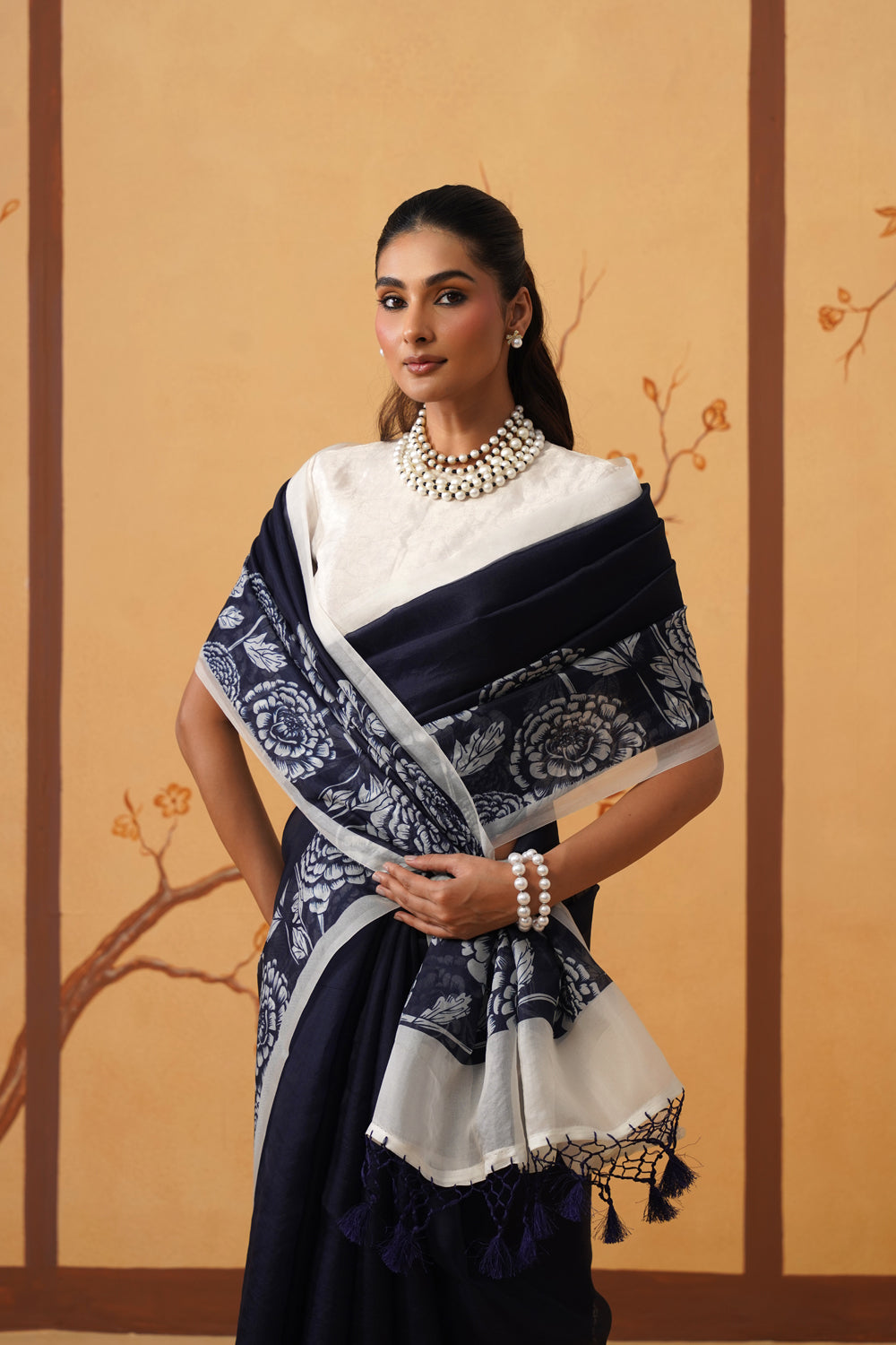 Midnight Garden: Kora Organza Saree with Monochrome Florals