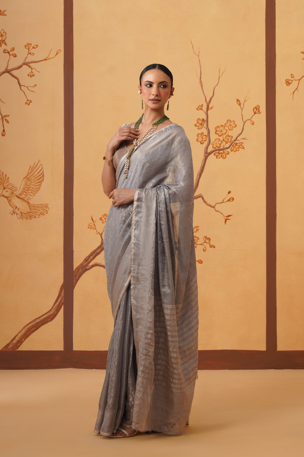 Handwoven Tissue Katan Saree in Silver Mist