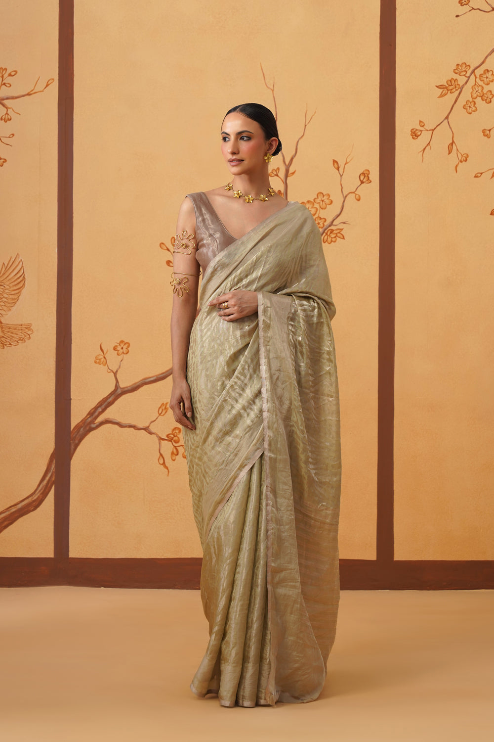 Handwoven Tissue Katan Saree in Pistachio Glimmer