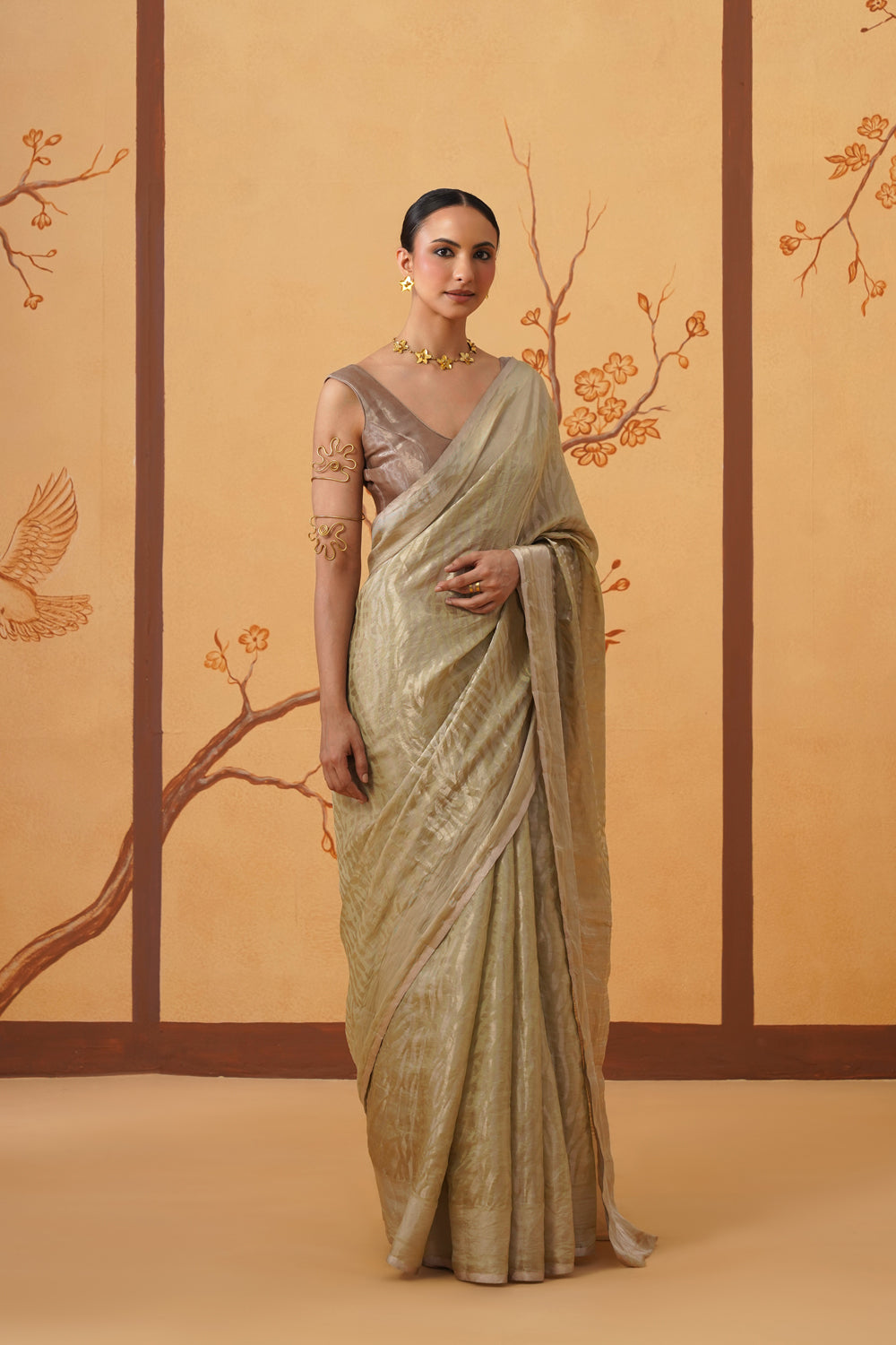 Handwoven Tissue Katan Saree in Pistachio Glimmer