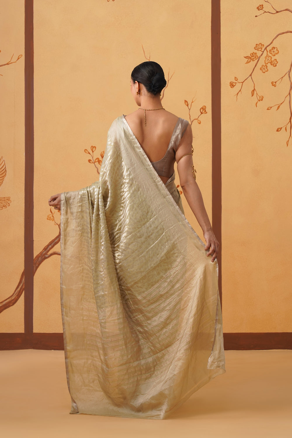 Handwoven Tissue Katan Saree in Pistachio Glimmer