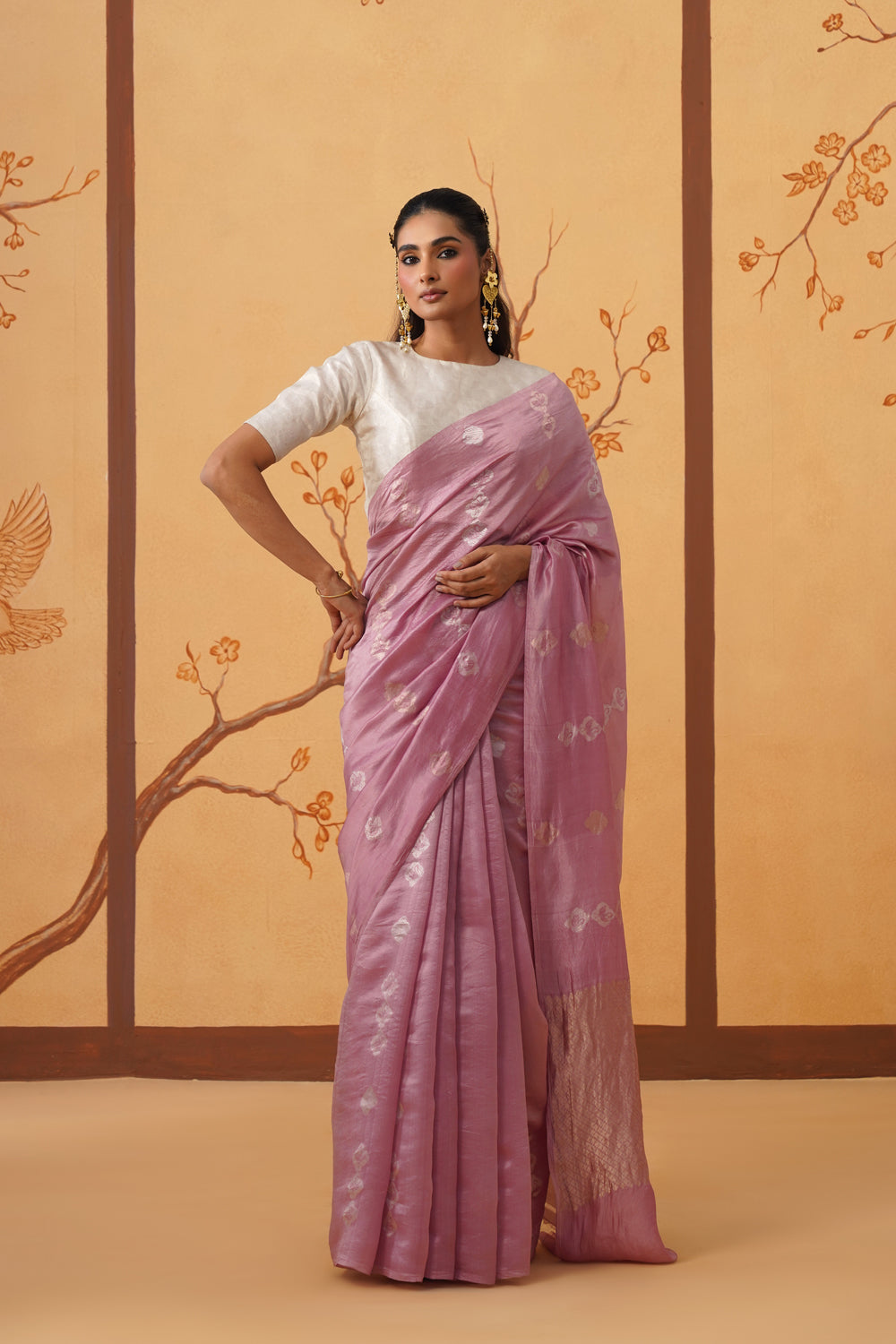 Handwoven Onion Pink Kora Katan Silk Saree