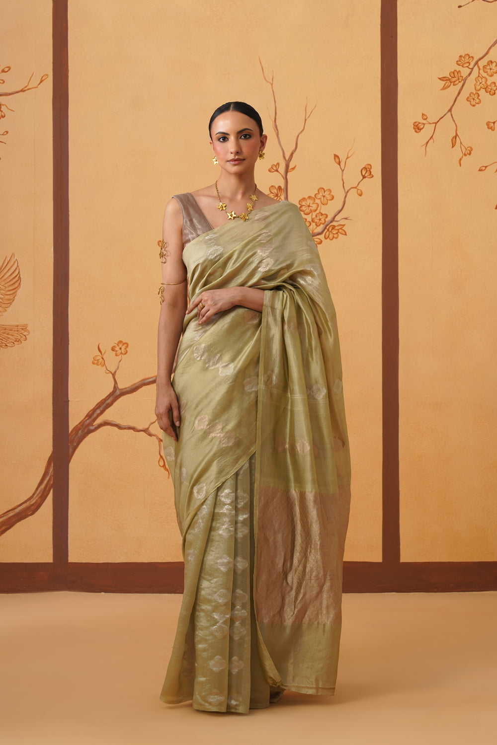 Handwoven Muted Pistachio Green Kora Katan Silk Saree