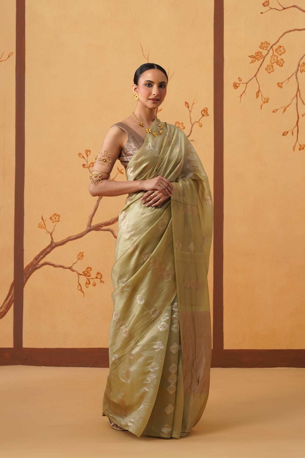 Handwoven Muted Pistachio Green Kora Katan Silk Saree