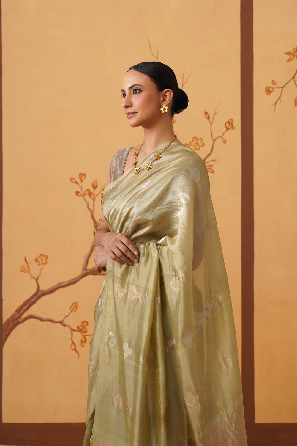 Handwoven Muted Pistachio Green Kora Katan Silk Saree