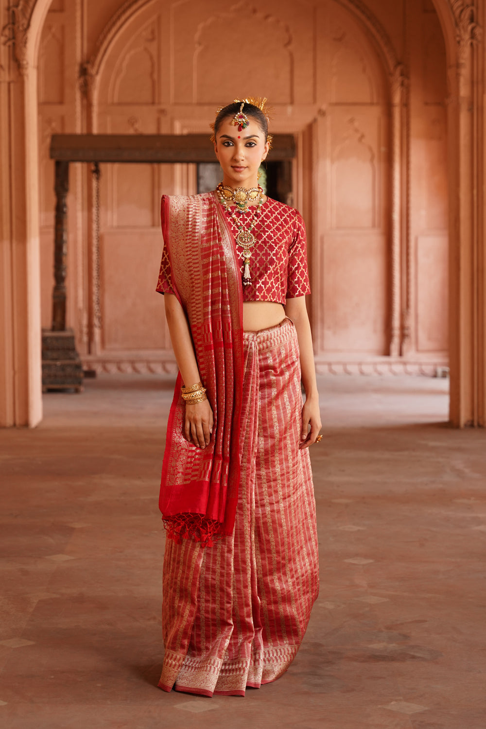 Handwoven Tissue Katan Silk Saree in Vermillion Red with Textured Stripes