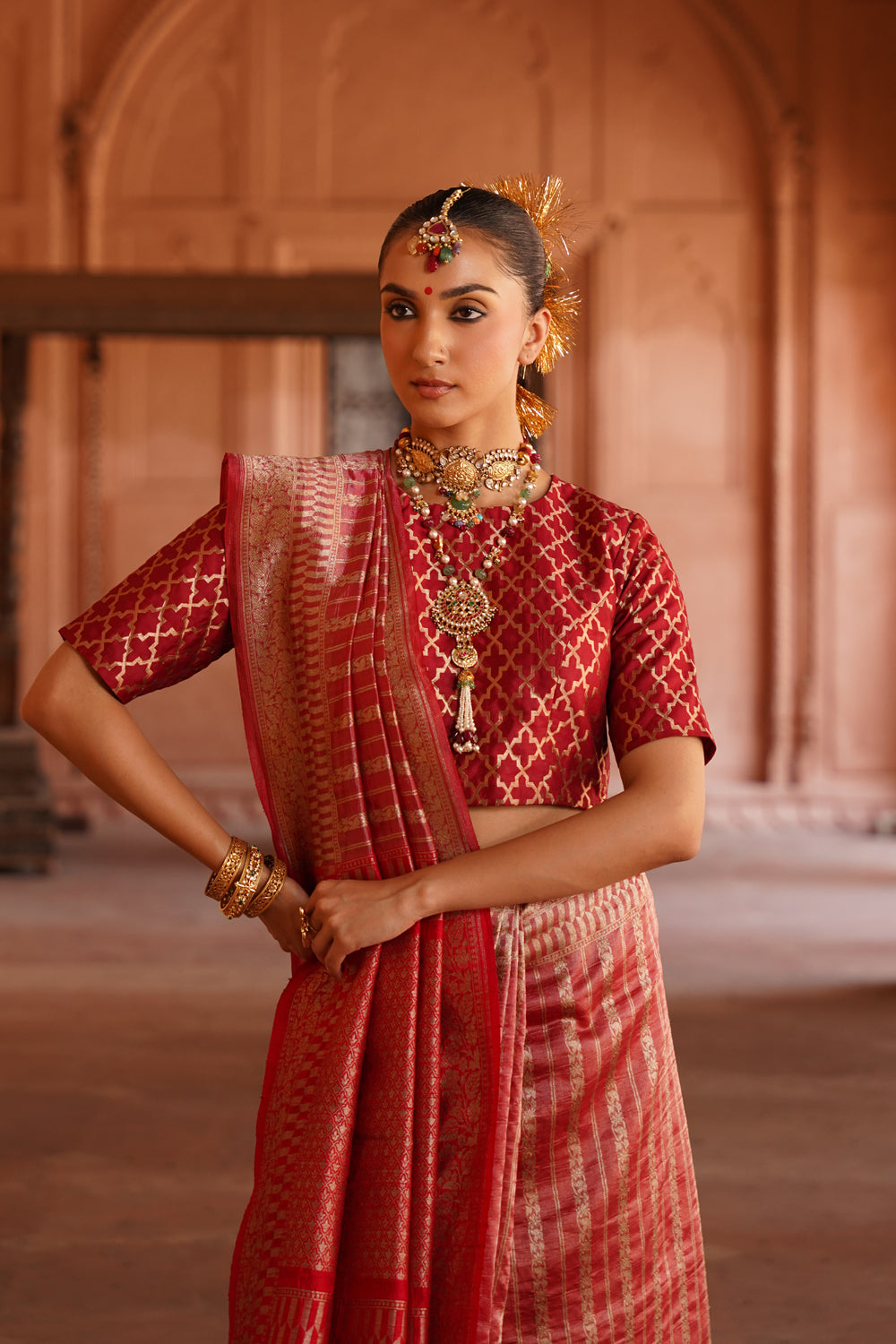 Handwoven Tissue Katan Silk Saree in Vermillion Red with Textured Stripes