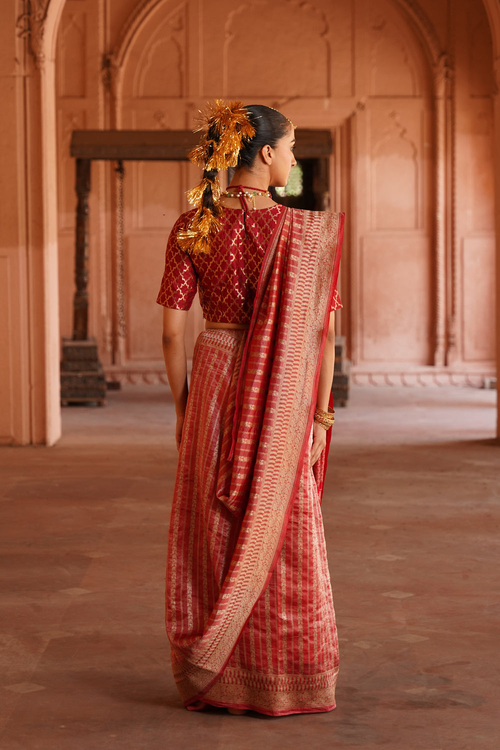 Handwoven Tissue Katan Silk Saree in Vermillion Red with Textured Stripes
