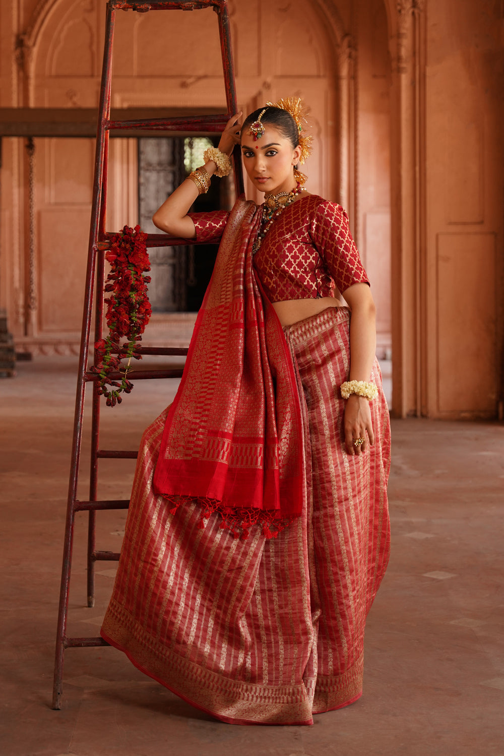 Handwoven Tissue Katan Silk Saree in Vermillion Red with Textured Stripes