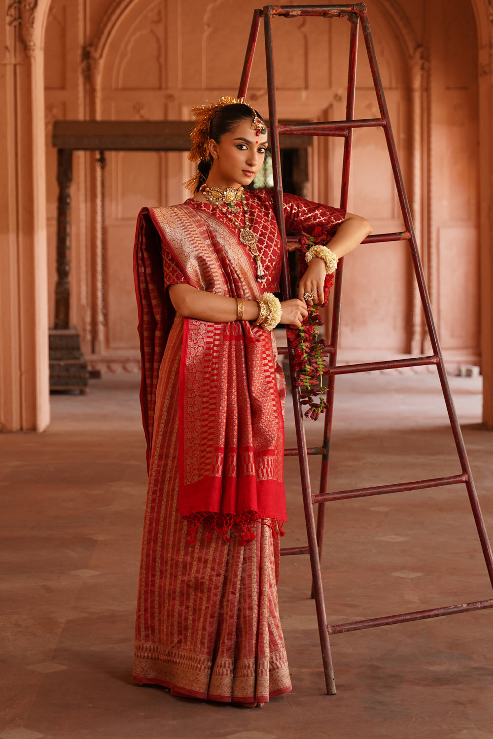 Handwoven Tissue Katan Silk Saree in Vermillion Red with Textured Stripes